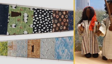 Links liegen zwei Stoffbahnen Storybags und rechts stehen zwei biblische Erzählfiguren aus Textilmaterialien.